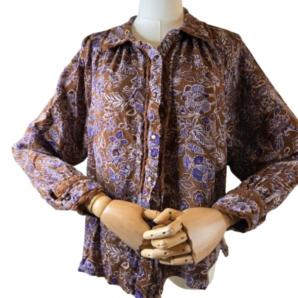 Democracy Boho Brown and Purple Button Front Top Lace Accents Size 1X